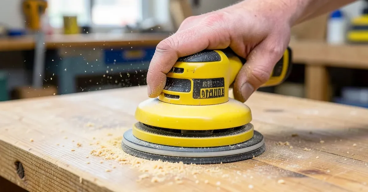 Using a random orbital sander on a wood tabletop