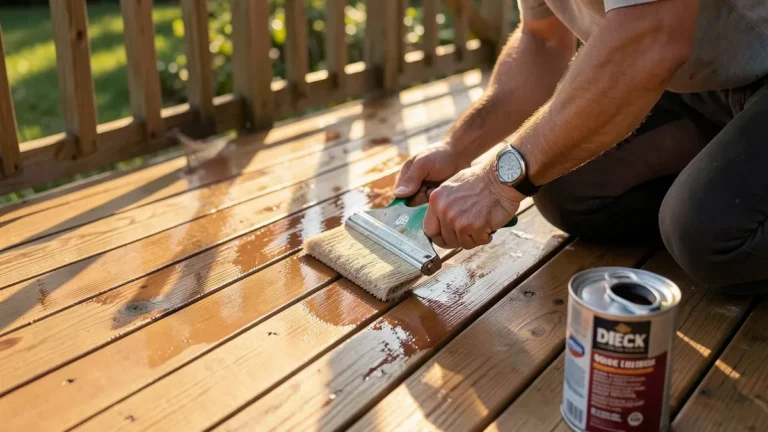 Applying wood deck stain and sealer to deck boards with a brush