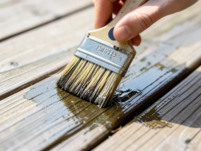 Back-brushing wet deck stain into the wood grain with a natural bristle brush