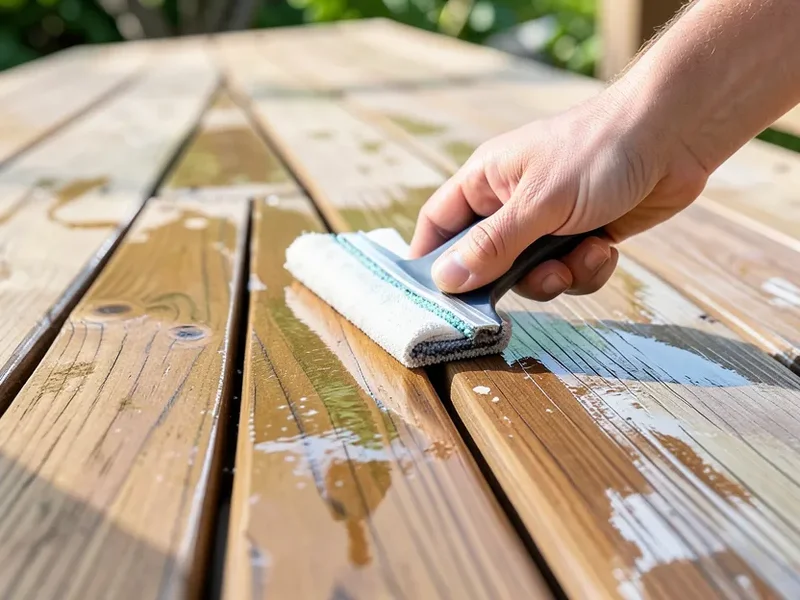 Applying wood deck stain and sealer to deck boards with a pad applicator