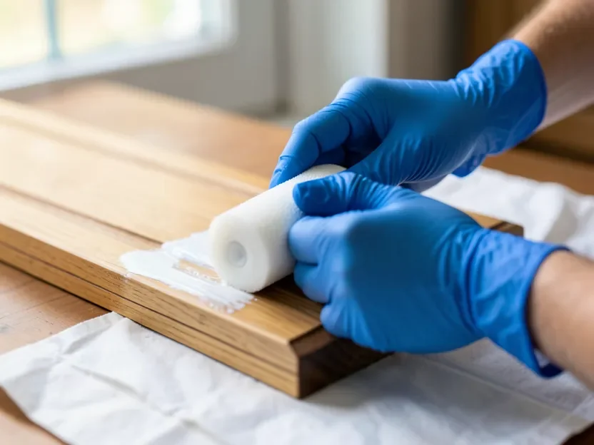 Applying white paint to a kitchen cabinet door with a foam roller