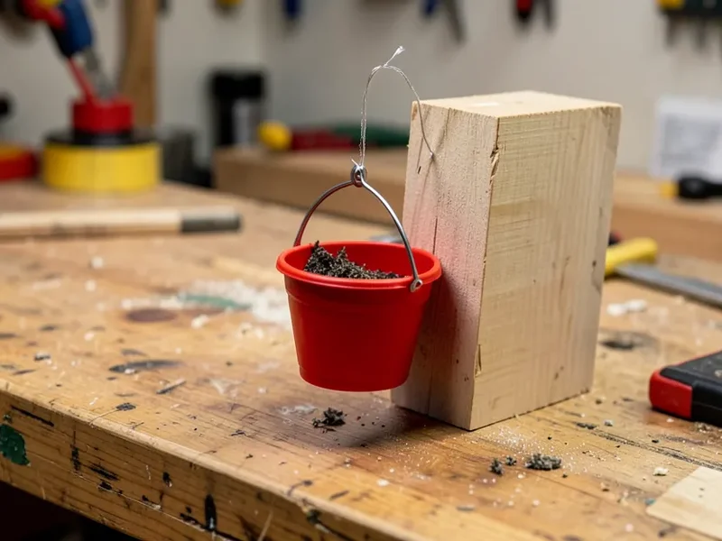 A DIY hot glue weight test with a bucket hanging from a glued wood block