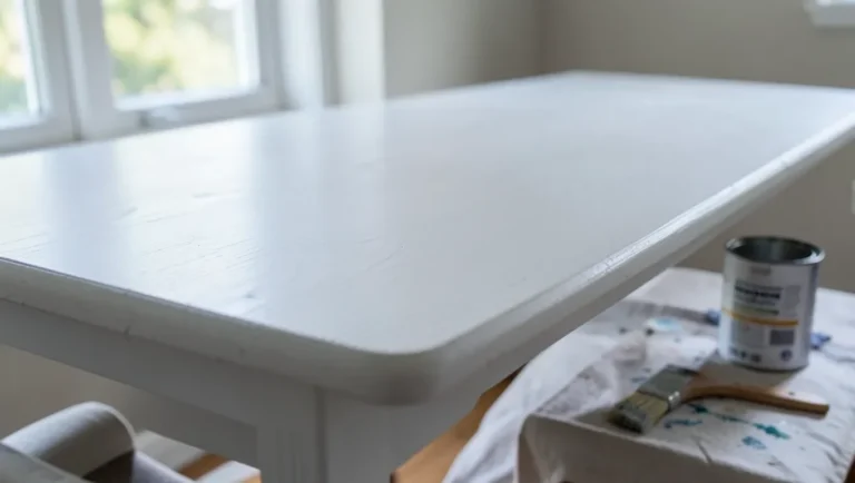 Freshly refinished oak table with a smooth painted white finish