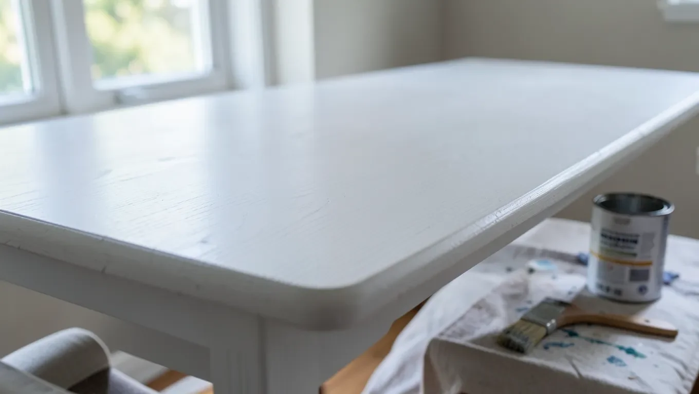 Freshly refinished oak table with a smooth painted white finish
