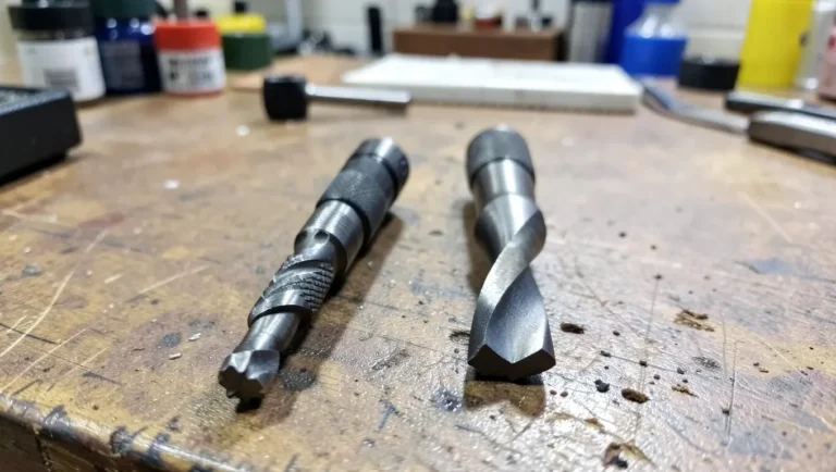 A twist drill bit and a hand reamer laid side by side on a workbench
