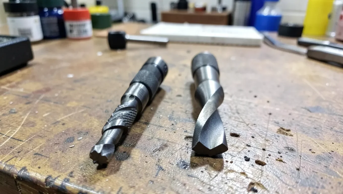 A twist drill bit and a hand reamer laid side by side on a workbench