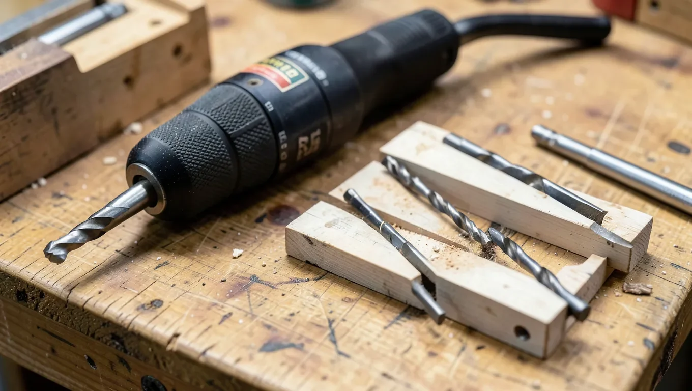 A drill driver bit next to twist drill bits