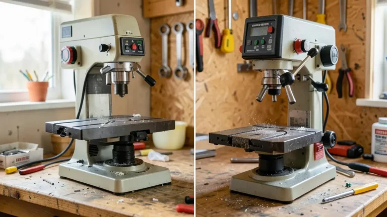 Benchtop milling machine and benchtop drill press side by side for comparison