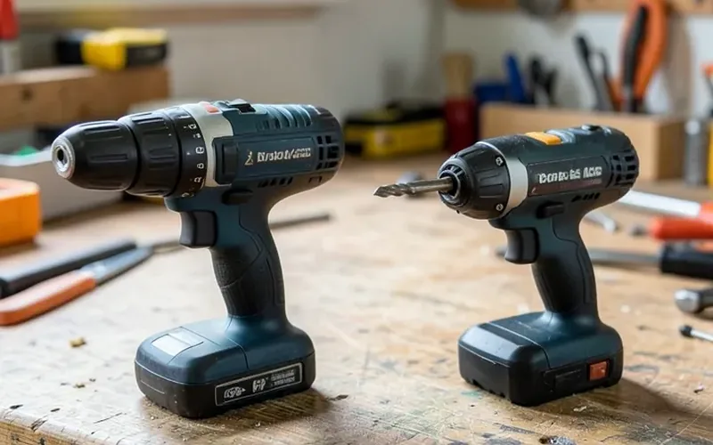 A full-size cordless drill next to a compact electric screwdriver showing the size difference A full-size cordless drill next to a compact electric screwdriver showing the size difference