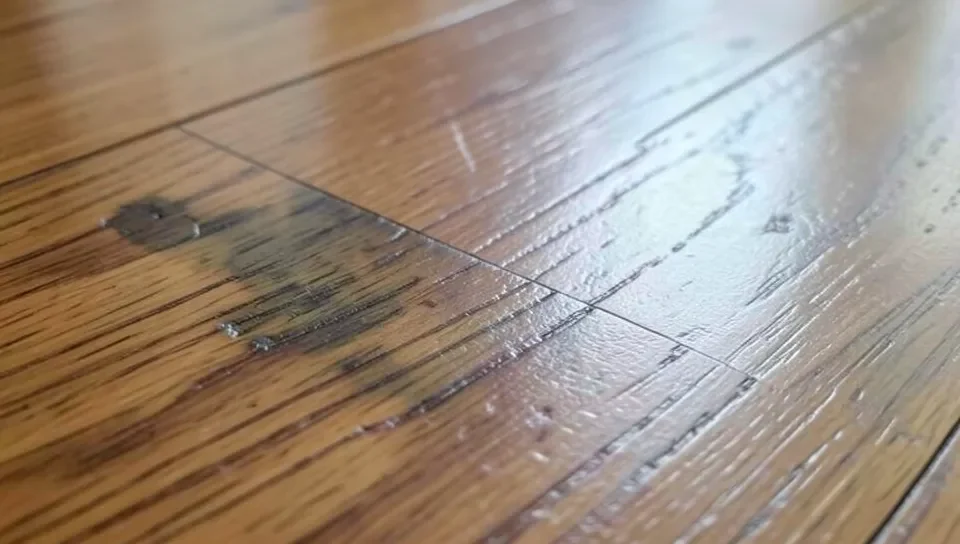 A dulled patch on a hardwood floor finish from repeated acid exposure