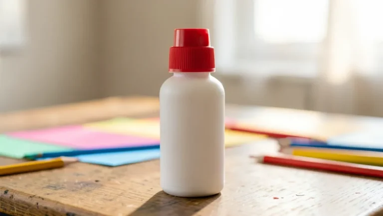 Bottle of white PVA school glue on a craft table