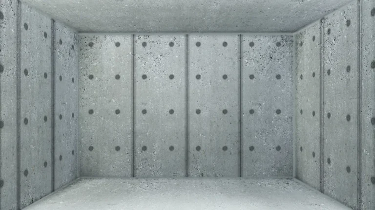 Bare poured concrete room with plain gray walls before drywall is installed