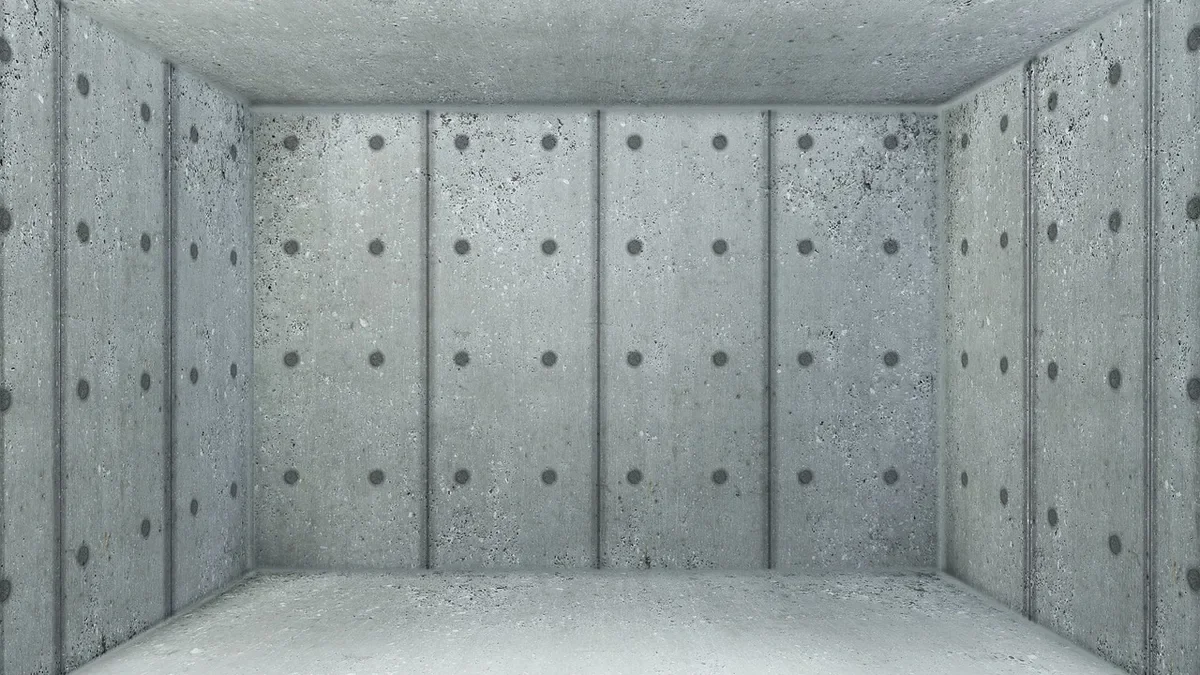 Bare poured concrete room with plain gray walls before drywall is installed