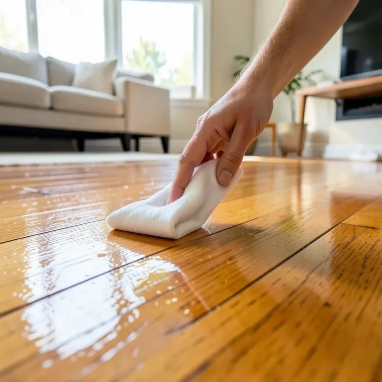 Hand applying wood floor polish to a shining engineered hardwood floor in a bright living room