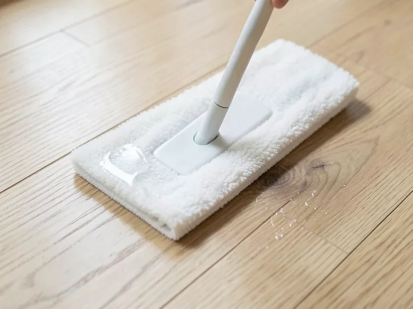 Microfiber applicator spreading wood floor polish across an engineered hardwood plank, restoring shine without sanding
