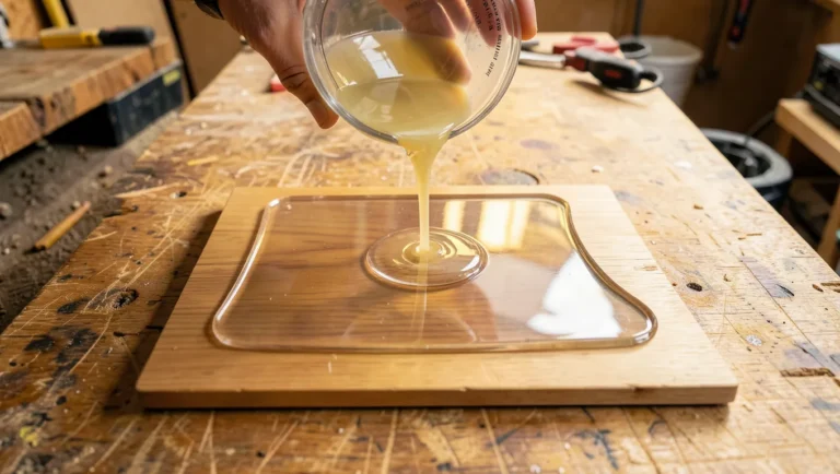 Clear epoxy resin being poured onto a wood tabletop, self-leveling