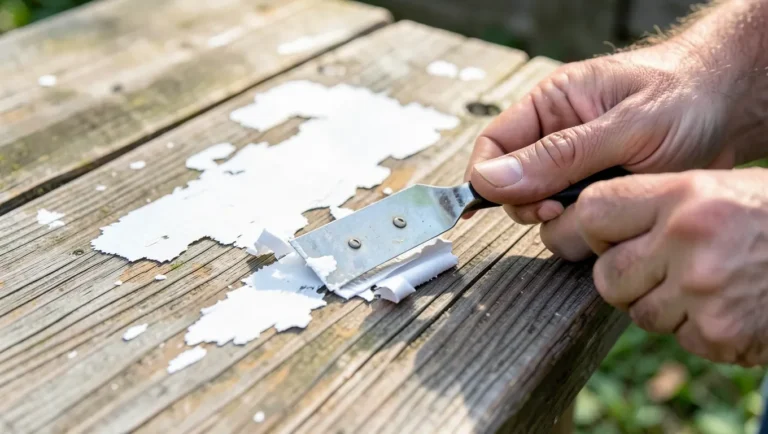 Hands using a carbide scraper to remove peeling paint from a wood table, revealing bare wood grain