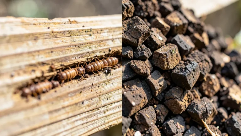 Termite tunnel damage next to wood rot cuboidal cracking on a split wood beam