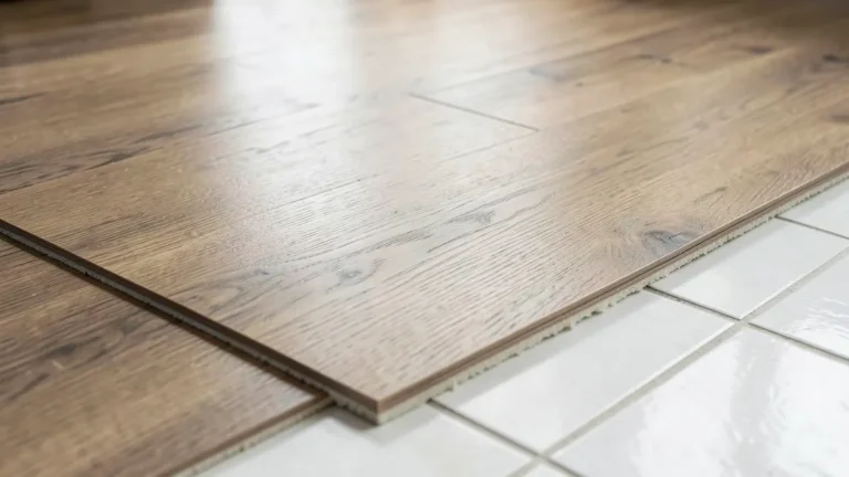 Click-lock wood floor planks being installed directly over an existing ceramic tile floor
