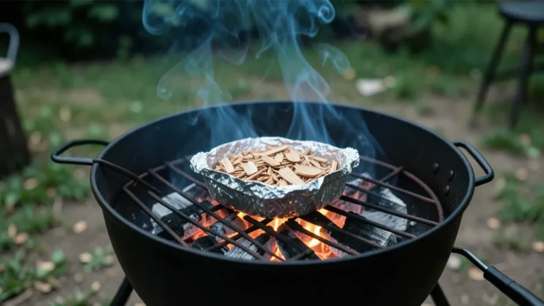 A foil packet of dry wood chips smoldering on hot charcoal, producing thin blue smoke