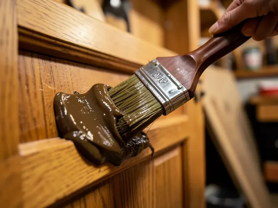 Thick gel stain applied to a cabinet door with a brush, showing the paste-like texture that sits on the surface