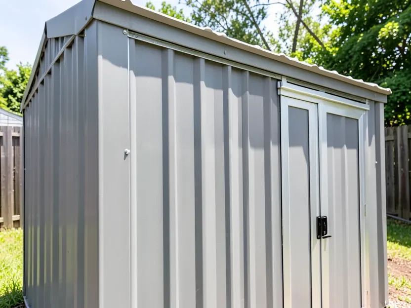 Close up of a gray corrugated metal storage shed with double doors