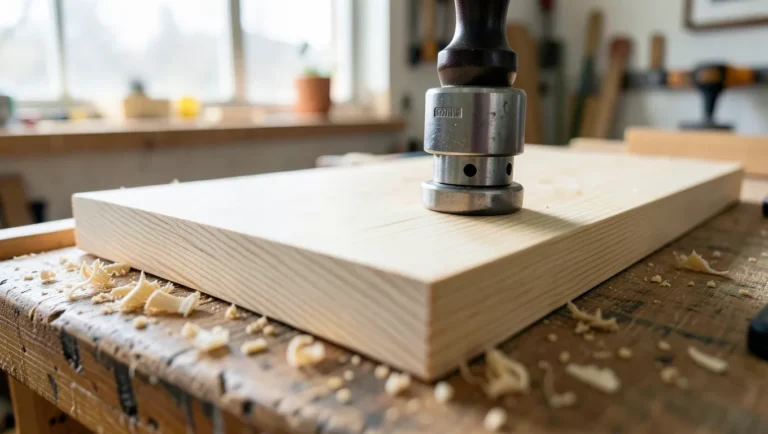 Hard maple board being tested on a workbench for Janka hardness