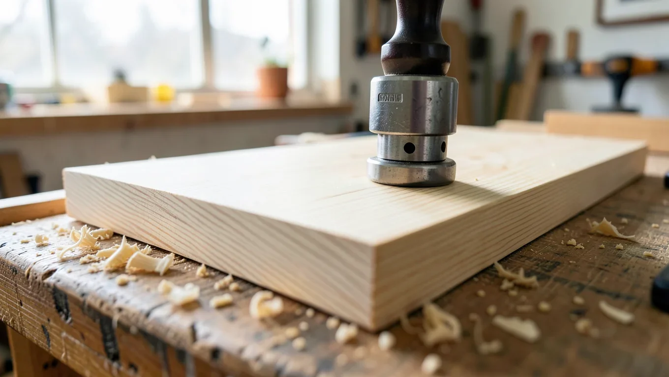 Hard maple board being tested on a workbench for Janka hardness