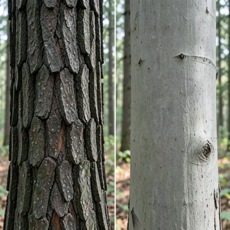 Side-by-side comparison of thick rugged hard maple bark and smoother thinner soft maple bark