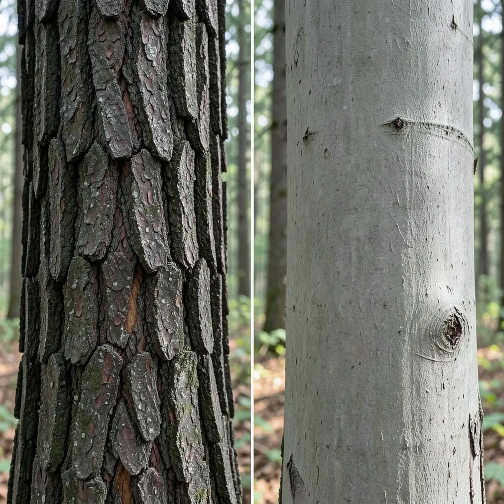 Side-by-side comparison of thick rugged hard maple bark and smoother thinner soft maple bark