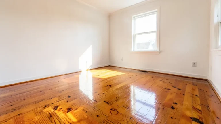 Hardwood floor with a freshly applied glossy finish in a sunlit room