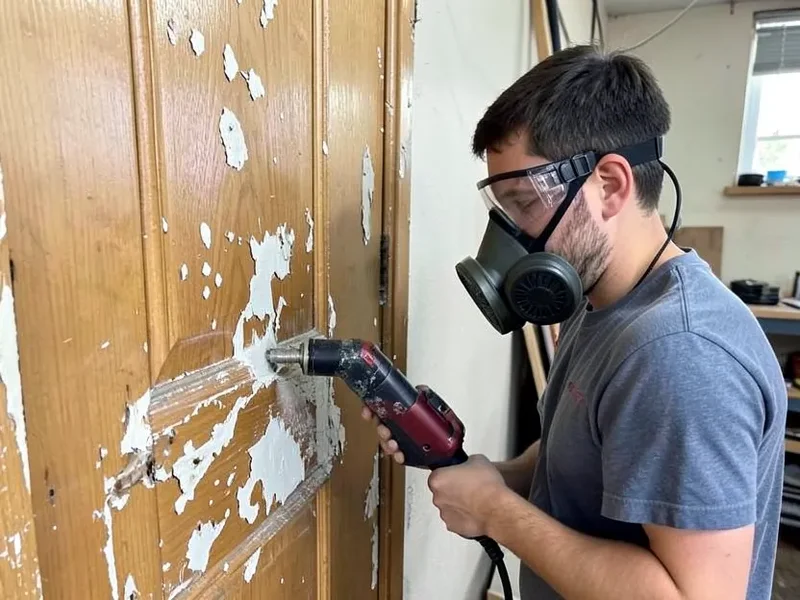 Person wearing a respirator and safety goggles using a heat gun to strip peeling paint from a wood door