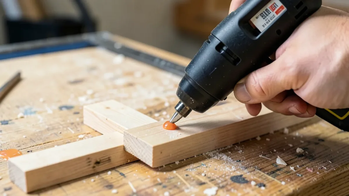 Applying a bead of hot glue to a wood joint