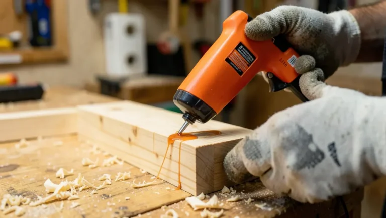 Hot glue gun applying glue to a wood joint on a workshop bench