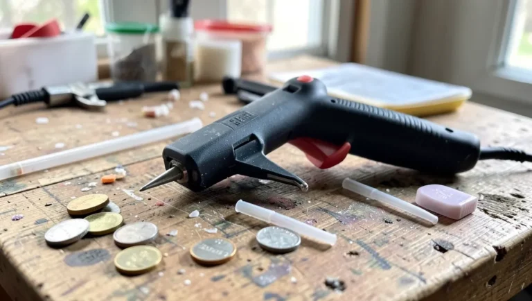 Hot glue gun and glue sticks with coins representing cost