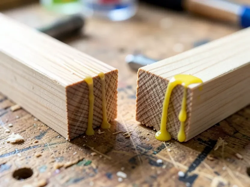 Close-up comparing a hot glue joint and a PVA wood glue joint on wood