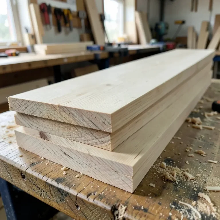 Stack of birch wood planks showing natural grain in a workshop