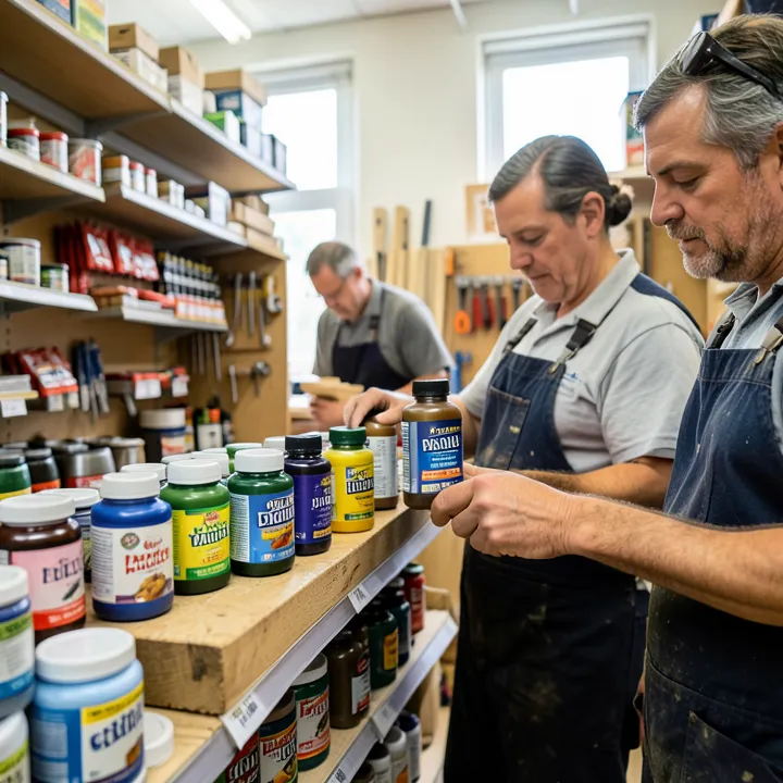Comparing glue bottles in a hardware store aisle