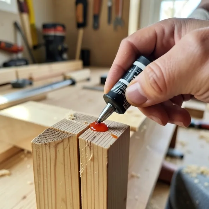 Applying a bead of hot glue to a wood joint