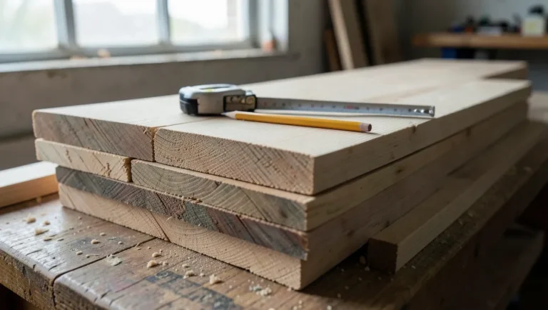 Stacked rough-sawn lumber boards with a tape measure, for calculating how much wood to buy