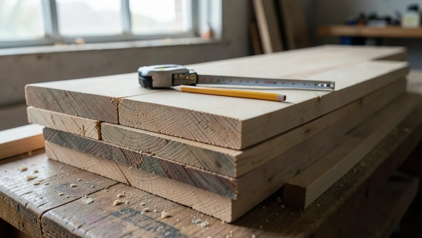 Stacked rough-sawn lumber boards with a tape measure, for calculating how much wood to buy