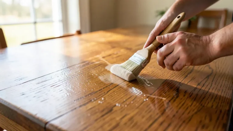 Person applying clear polyurethane finish to a wood dining table top
