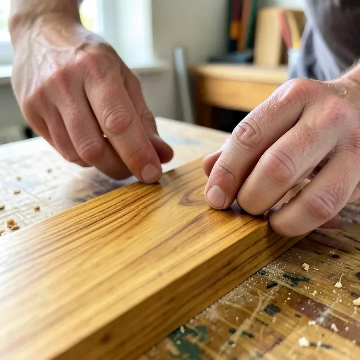 examining the golden-brown grain of a teak wood plank by hand examining the golden-brown grain of a teak wood plank by hand