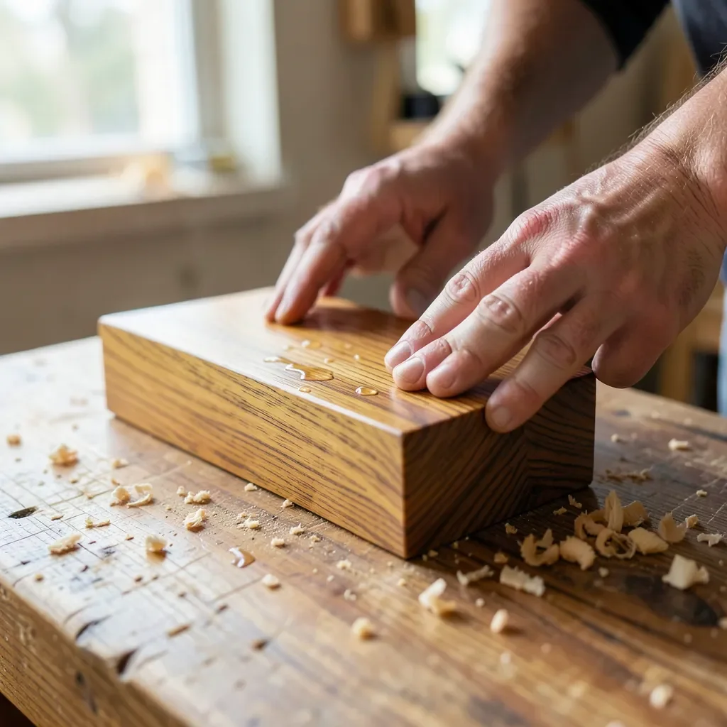water droplets beading on a golden-brown teak wood plank