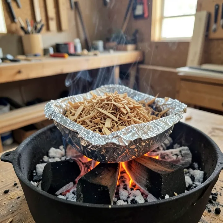 A foil packet of dry wood chips smoldering on hot charcoal