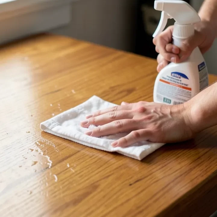Wiping a wood surface clean with a barely-damp cloth