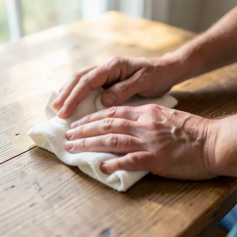 Cleaning a wood table surface with a soft cloth
