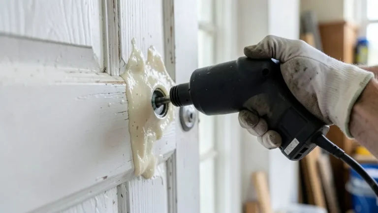 Infrared paint stripper softening old paint on a wood door for easy scraping