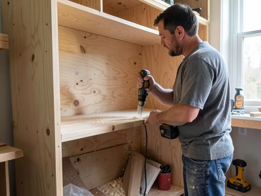 Woodworker installing a 3/4 inch plywood shelf into a built-in cabinet frame with a cordless drill