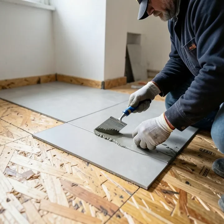 Worker installing vinyl composition tile over a plywood wood subfloor with adhesive